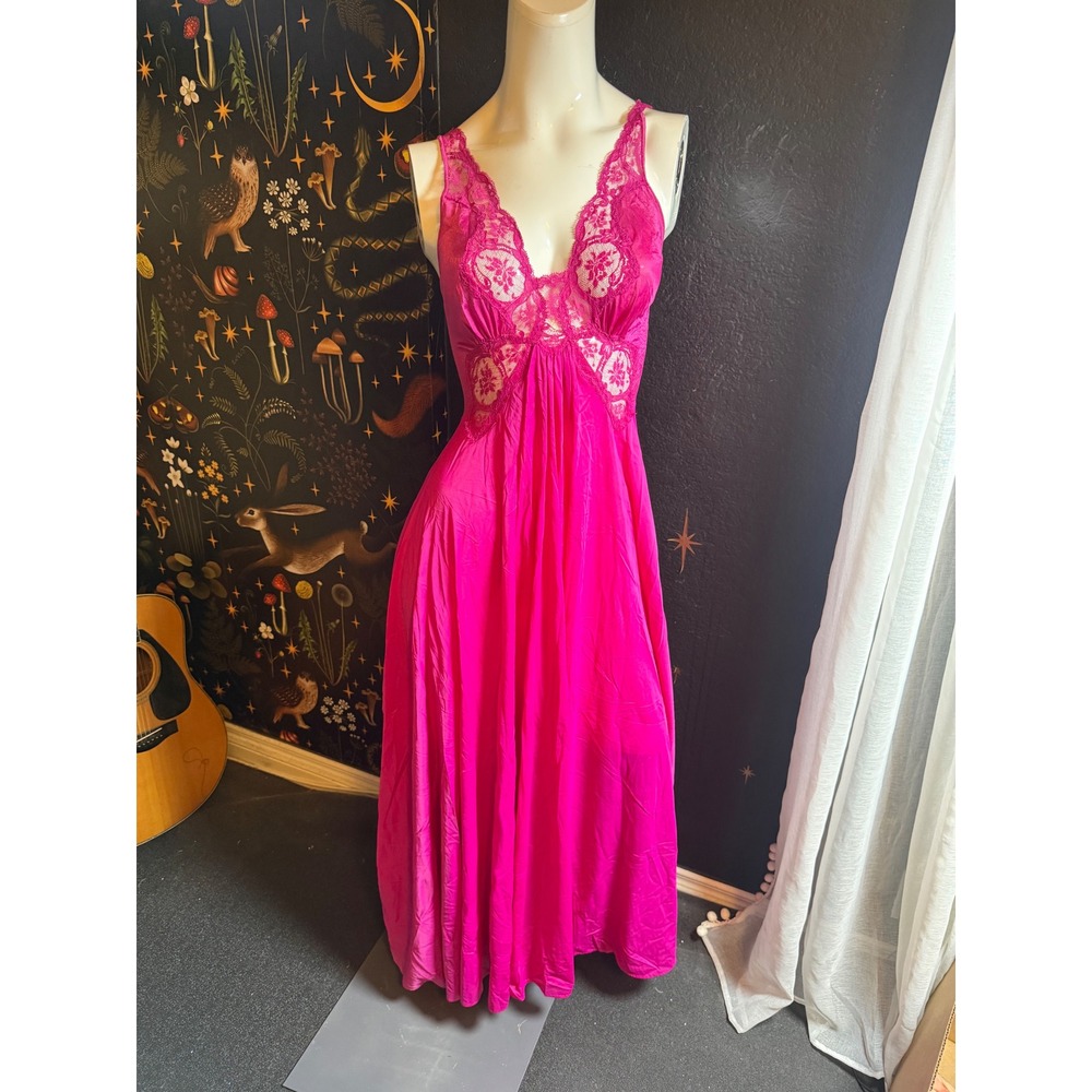Hot Pink Floral Lace Maxi Nightgown Scoop Back Sleepwear Dress